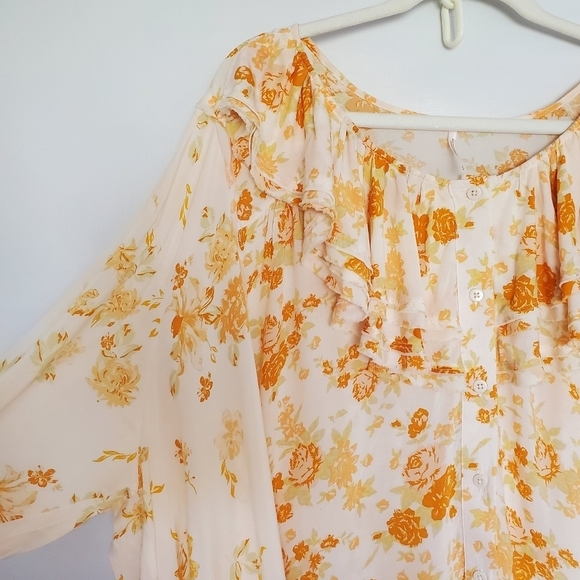 FREE PEOPLE 'LORETTA' TEA COMBO BLOUSE WOMEN SZ SMALL OVERSIZE FLORAL ORANGE - Picture 5 of 16